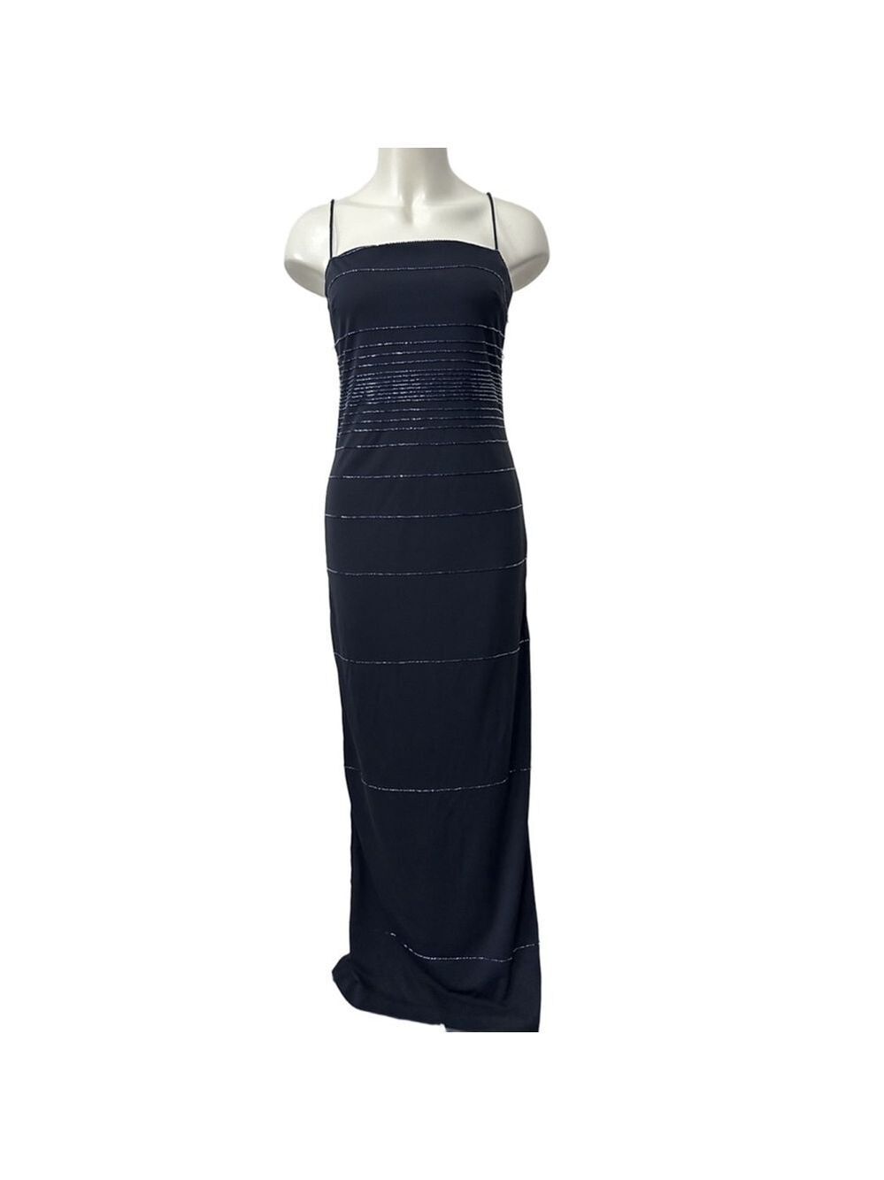 DE-LARU Black Silver Beaded Spaghetti Strap Maxi Dress Y2K Vintage 9/10